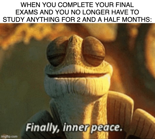 Now I can finish my game in peace... | WHEN YOU COMPLETE YOUR FINAL EXAMS AND YOU NO LONGER HAVE TO STUDY ANYTHING FOR 2 AND A HALF MONTHS: | image tagged in finally inner peace | made w/ Imgflip meme maker