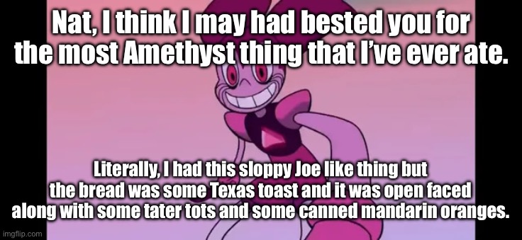 Ma knows how to cook, though this may had been the most Amethyst type of thing I’ve ate. | Nat, I think I may had bested you for the most Amethyst thing that I’ve ever ate. Literally, I had this sloppy Joe like thing but the bread was some Texas toast and it was open faced along with some tater tots and some canned mandarin oranges. | image tagged in event template | made w/ Imgflip meme maker