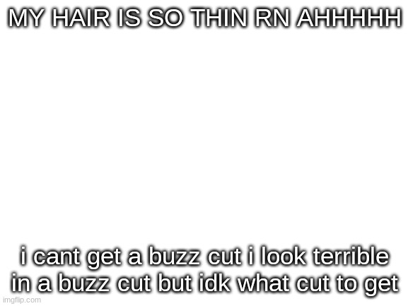 Blank White Template | MY HAIR IS SO THIN RN AHHHHH; i cant get a buzz cut i look terrible in a buzz cut but idk what cut to get | image tagged in blank white template | made w/ Imgflip meme maker
