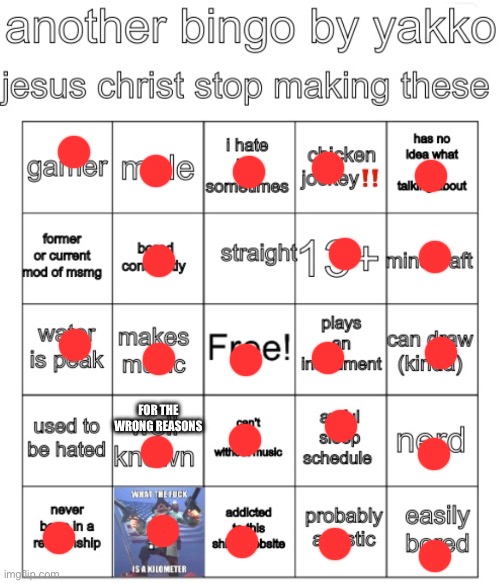 yakko bingo v7 | FOR THE WRONG REASONS | image tagged in yakko bingo v7 | made w/ Imgflip meme maker
