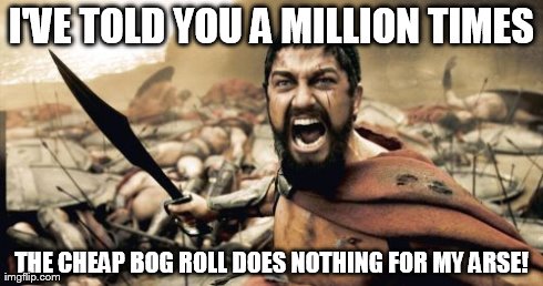 Sparta Leonidas | I'VE TOLD YOU A MILLION TIMES THE CHEAP BOG ROLL DOES NOTHING FOR MY ARSE! | image tagged in memes,sparta leonidas | made w/ Imgflip meme maker