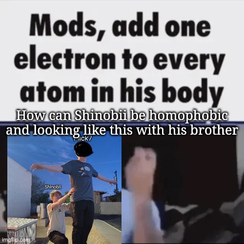 Mods, add one electron to every atom in his body | How can Shinobii be homophobic and looking like this with his brother | image tagged in mods add one electron to every atom in his body,msmg,memes | made w/ Imgflip meme maker