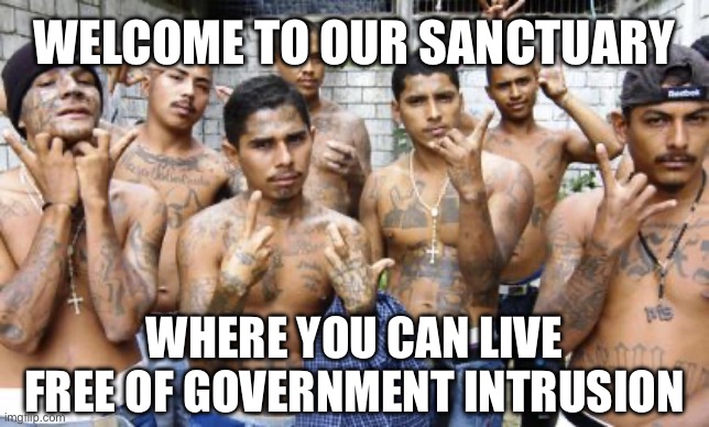 Democrats Be Like | WELCOME TO OUR SANCTUARY; WHERE YOU CAN LIVE FREE OF GOVERNMENT INTRUSION | image tagged in ms13,illegal immigration,freedom,prison,liberal logic,liberal hypocrisy | made w/ Imgflip meme maker