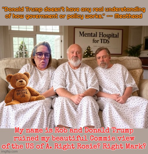 Twits and their delusional thinking | "Donald Trump doesn’t have any real understanding of how government or policy works." -- Meathead; My name is Rob and Donald Trump ruined my beautiful Commie view of the US of A. Right Rosie? Right Mark? | made w/ Imgflip meme maker