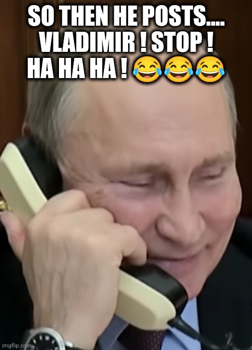 Stop | SO THEN HE POSTS....
VLADIMIR ! STOP !
HA HA HA ! 😂😂😂 | image tagged in putin | made w/ Imgflip meme maker