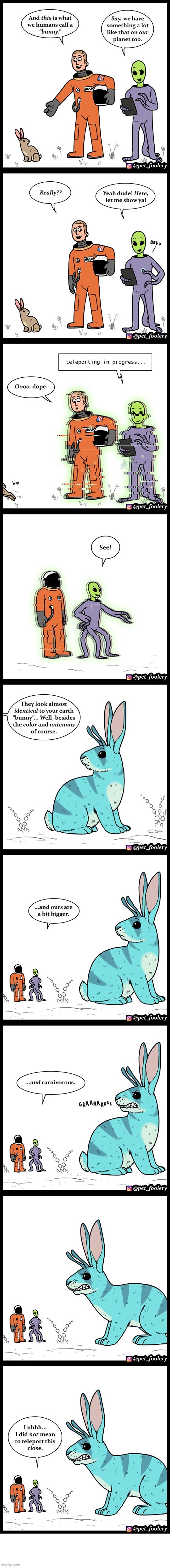 image tagged in astronaut,alien,bunny,carnivore,uh oh,run | made w/ Imgflip meme maker