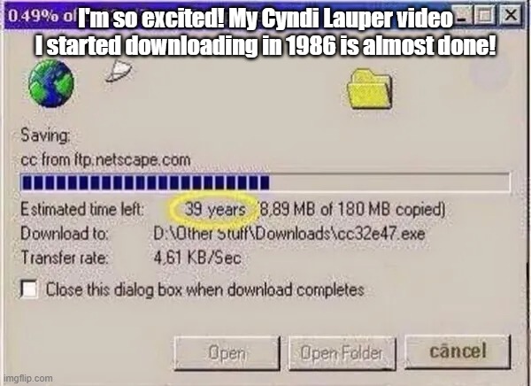 Download Done | I'm so excited! My Cyndi Lauper video I started downloading in 1986 is almost done! | image tagged in retro,computers,download,old school | made w/ Imgflip meme maker