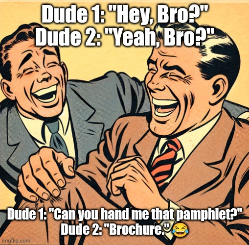 Dad jokes lol | Dude 1: "Hey, Bro?"
Dude 2: "Yeah, Bro?"; Dude 1: "Can you hand me that pamphlet?"

Dude 2: "Brochure." 😂 | image tagged in dad joke knee slapper,lol,funny,dad joke,rofl | made w/ Imgflip meme maker