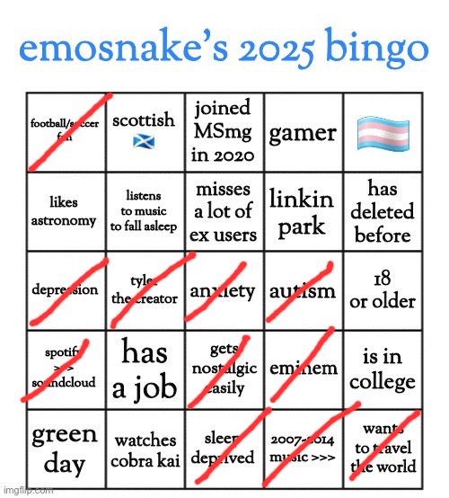 emosnake's 2025 bingo | image tagged in emosnake's 2025 bingo | made w/ Imgflip meme maker