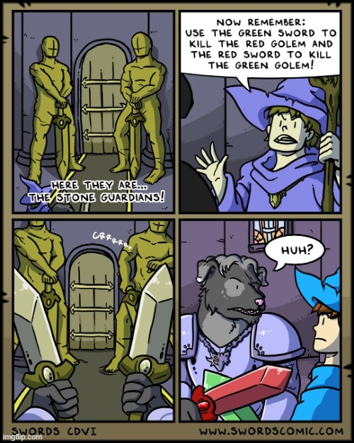 image tagged in swords,golems,red,green,dog,colorblind | made w/ Imgflip meme maker