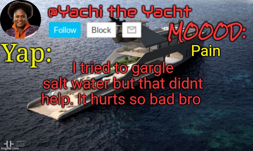 Yachis temp (thank you Loserism) | Pain; I tried to gargle salt water but that didnt help. It hurts so bad bro | image tagged in yachis temp thank you loserism | made w/ Imgflip meme maker