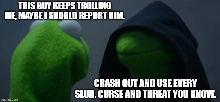 I know I'm not wrong | THIS GUY KEEPS TROLLING ME, MAYBE I SHOULD REPORT HIM. CRASH OUT AND USE EVERY SLUR, CURSE AND THREAT YOU KNOW. | image tagged in memes,evil kermit | made w/ Imgflip meme maker