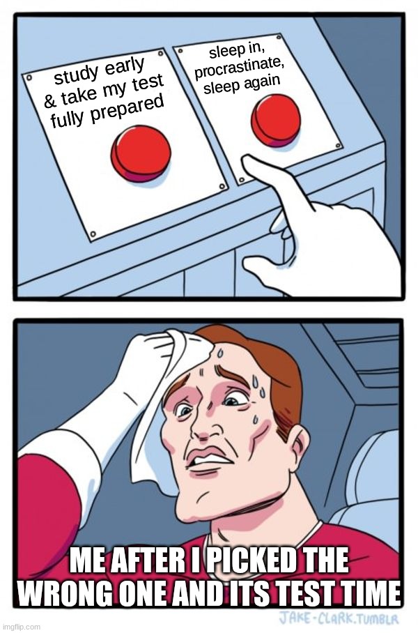 Two Buttons | sleep in, procrastinate, sleep again; study early & take my test fully prepared; ME AFTER I PICKED THE WRONG ONE AND ITS TEST TIME | image tagged in memes,two buttons | made w/ Imgflip meme maker