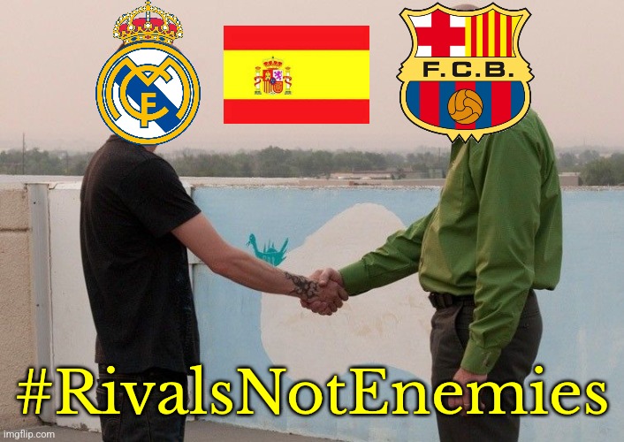 as a Madridista, i would like to support Barca till the end for Spain. RIVALS BUT NOT ENEMIES! | #RivalsNotEnemies | image tagged in handshake between walter white heisenberg and jesse pinkman,barcelona,real madrid,champions league,spain,soccer | made w/ Imgflip meme maker