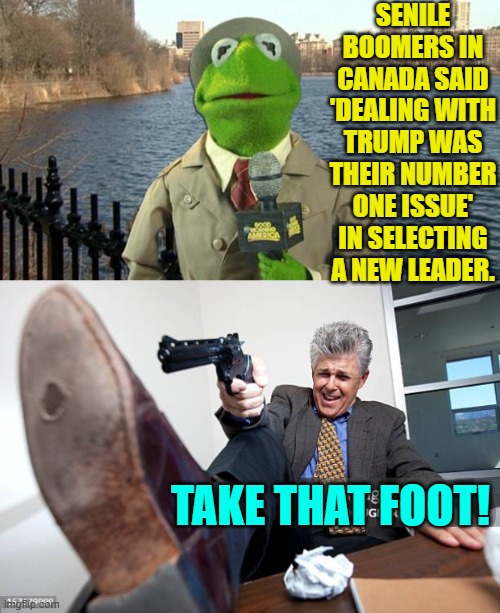 They showed Trump as they selected another openly corrupt Marxist to be their national leader. | SENILE BOOMERS IN CANADA SAID 'DEALING WITH TRUMP WAS THEIR NUMBER ONE ISSUE' IN SELECTING A NEW LEADER. TAKE THAT FOOT! | image tagged in kermit news report | made w/ Imgflip meme maker