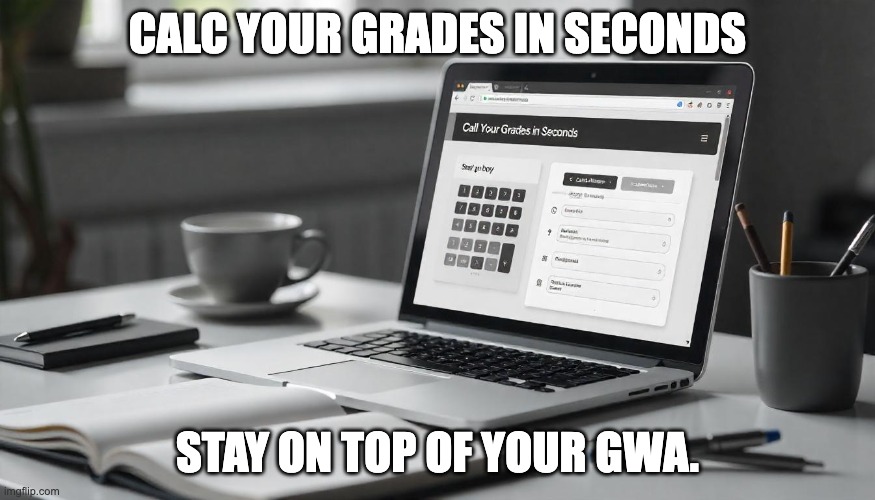 gwa calculation | CALC YOUR GRADES IN SECONDS; STAY ON TOP OF YOUR GWA. | image tagged in gwa calculation | made w/ Imgflip meme maker