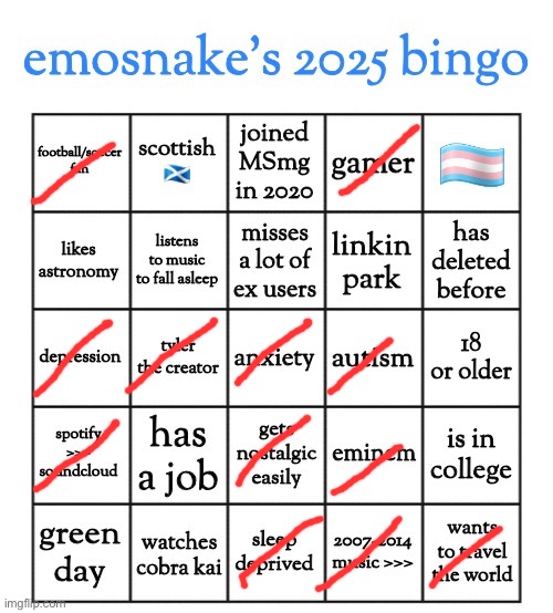 emosnake's 2025 bingo | image tagged in emosnake's 2025 bingo | made w/ Imgflip meme maker