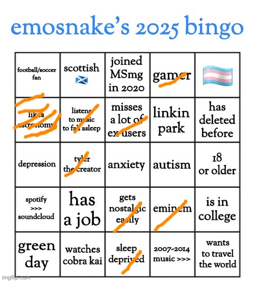 emosnake's 2025 bingo | image tagged in emosnake's 2025 bingo | made w/ Imgflip meme maker