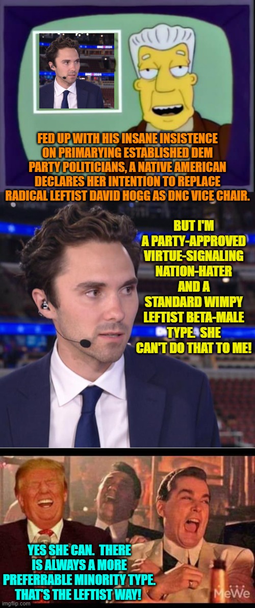 Leftist 'reality' starts crashing home for young David.  Surprise! | BUT I'M A PARTY-APPROVED VIRTUE-SIGNALING NATION-HATER AND A STANDARD WIMPY LEFTIST BETA-MALE TYPE.  SHE CAN'T DO THAT TO ME! FED UP WITH HIS INSANE INSISTENCE ON PRIMARYING ESTABLISHED DEM PARTY POLITICIANS, A NATIVE AMERICAN DECLARES HER INTENTION TO REPLACE RADICAL LEFTIST DAVID HOGG AS DNC VICE CHAIR. YES SHE CAN.  THERE IS ALWAYS A MORE PREFERRABLE MINORITY TYPE.  THAT'S THE LEFTIST WAY! | image tagged in i for one welcome our new overlords | made w/ Imgflip meme maker