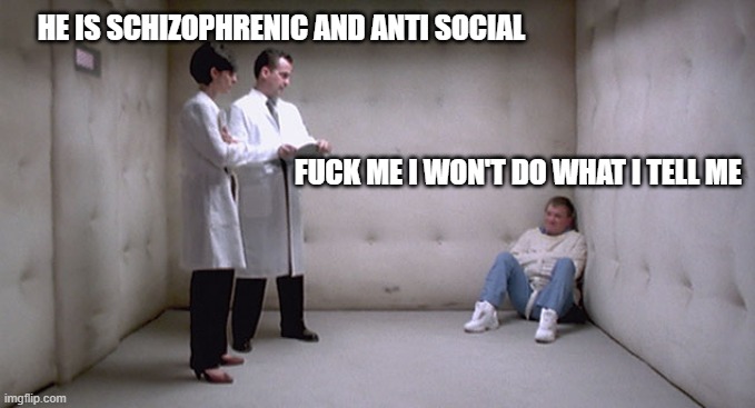 Strait Jacket Padded Room | HE IS SCHIZOPHRENIC AND ANTI SOCIAL; FUCK ME I WON'T DO WHAT I TELL ME | image tagged in strait jacket padded room | made w/ Imgflip meme maker