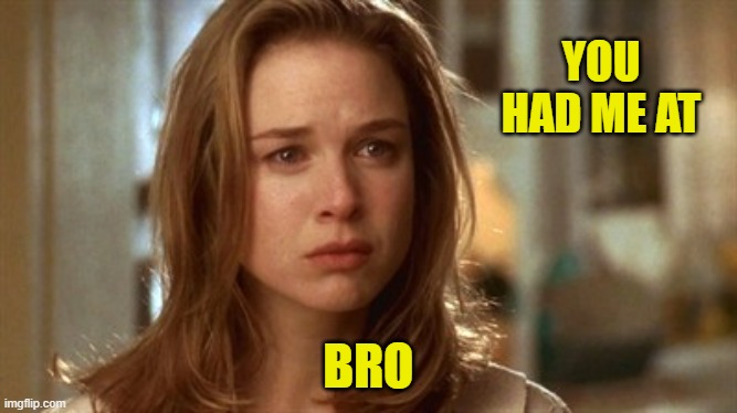 YOU HAD ME AT BRO | image tagged in jerry maguire you had me at hello | made w/ Imgflip meme maker