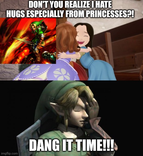 Link really hates hugs especially from Princess Sofia | DON'T YOU REALIZE I HATE HUGS ESPECIALLY FROM PRINCESSES?! DANG IT TIME!!! | image tagged in link facepalm,the legend of zelda,sofia the first,fun,memes,funny memes | made w/ Imgflip meme maker