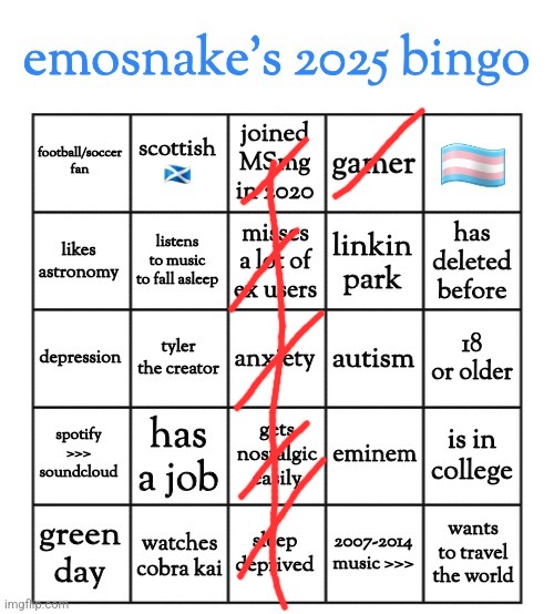 Actually the luckiest bingo ever, I got almost nothing else lmao | image tagged in emosnake's 2025 bingo | made w/ Imgflip meme maker