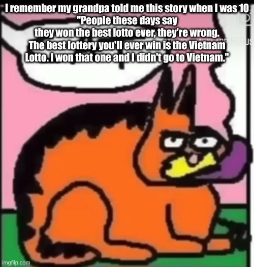 CAT | I remember my grandpa told me this story when I was 10
"People these days say they won the best lotto ever, they're wrong. The best lottery you'll ever win is the Vietnam Lotto. I won that one and I didn't go to Vietnam." | image tagged in cat | made w/ Imgflip meme maker
