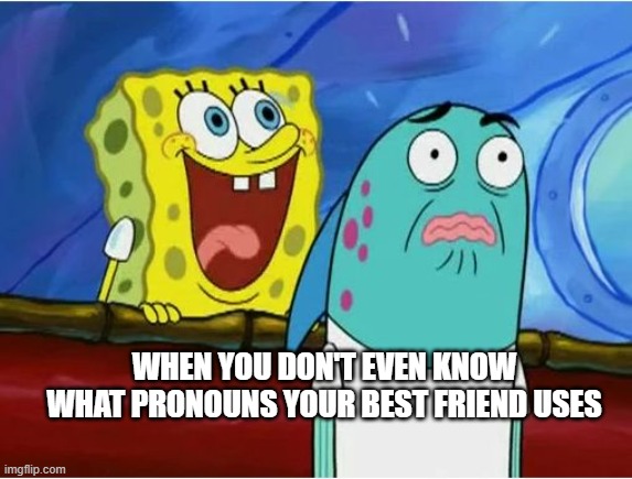la experiencia | WHEN YOU DON'T EVEN KNOW WHAT PRONOUNS YOUR BEST FRIEND USES | image tagged in spongebob yelling | made w/ Imgflip meme maker