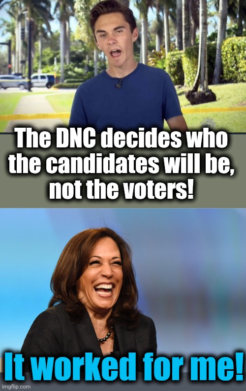 The DNC decides who
the candidates will be,
not the voters! It worked for me! | image tagged in david hogg,kamala harris laughing | made w/ Imgflip meme maker