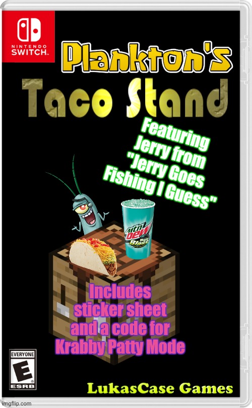 For When Krabby Patties Aren't Enough | Featuring Jerry from "Jerry Goes Fishing I Guess"; Includes sticker sheet and a code for Krabby Patty Mode | image tagged in nintendo switch,plankton | made w/ Imgflip meme maker