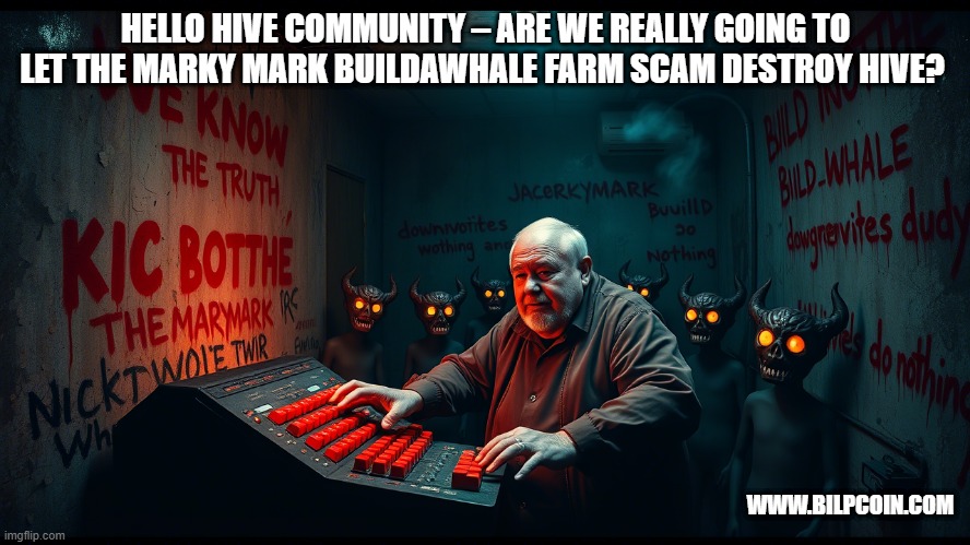 HELLO HIVE COMMUNITY – ARE WE REALLY GOING TO LET THE MARKY MARK BUILDAWHALE FARM SCAM DESTROY HIVE? WWW.BILPCOIN.COM | made w/ Imgflip meme maker