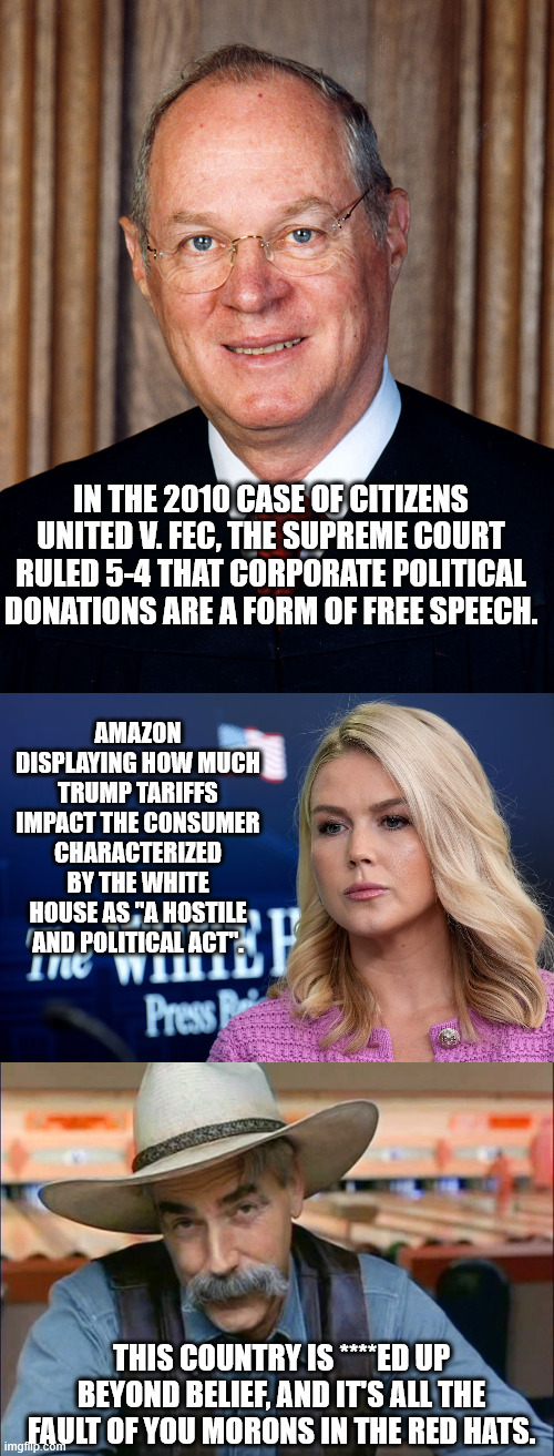 Corporate bribery is "free speech". Free speech is an attack on the government. Attacks on the government are peaceful tourists. | IN THE 2010 CASE OF CITIZENS UNITED V. FEC, THE SUPREME COURT RULED 5-4 THAT CORPORATE POLITICAL DONATIONS ARE A FORM OF FREE SPEECH. AMAZON DISPLAYING HOW MUCH TRUMP TARIFFS IMPACT THE CONSUMER CHARACTERIZED BY THE WHITE HOUSE AS "A HOSTILE AND POLITICAL ACT". THIS COUNTRY IS ****ED UP BEYOND BELIEF, AND IT'S ALL THE FAULT OF YOU MORONS IN THE RED HATS. | image tagged in magats special kind of stupid,emperor trump,trump totalitarianism | made w/ Imgflip meme maker