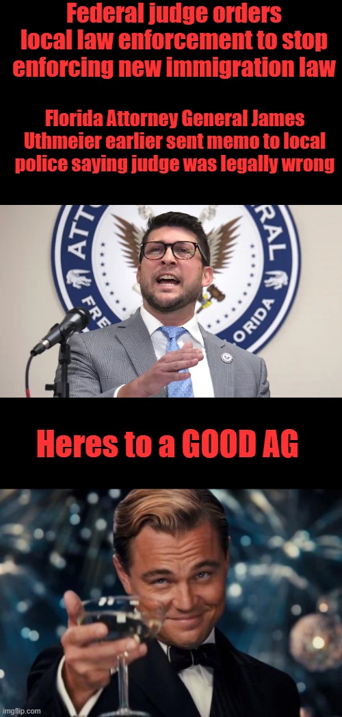 Federal judge orders local law enforcement to stop enforcing new immigration law; Florida Attorney General James Uthmeier earlier sent memo to local police saying judge was legally wrong; Heres to a GOOD AG | image tagged in memes,leonardo dicaprio cheers | made w/ Imgflip meme maker