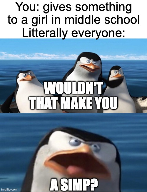 He's a simp! | You: gives something to a girl in middle school
Litterally everyone:; WOULDN'T THAT MAKE YOU; A SIMP? | image tagged in wouldn't that make you | made w/ Imgflip meme maker