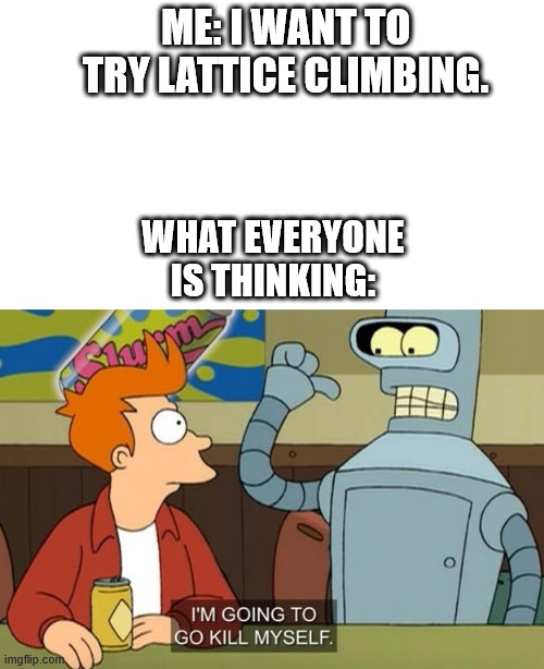 Futurama, Fry and Bender | ME: I WANT TO TRY LATTICE CLIMBING. WHAT EVERYONE IS THINKING: | image tagged in lattice climbing,futurama,meme man,memes,latticeclimbing,bender | made w/ Imgflip meme maker