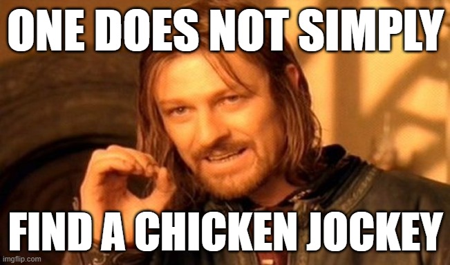One Does Not Simply Meme | ONE DOES NOT SIMPLY; FIND A CHICKEN JOCKEY | image tagged in memes,one does not simply | made w/ Imgflip meme maker