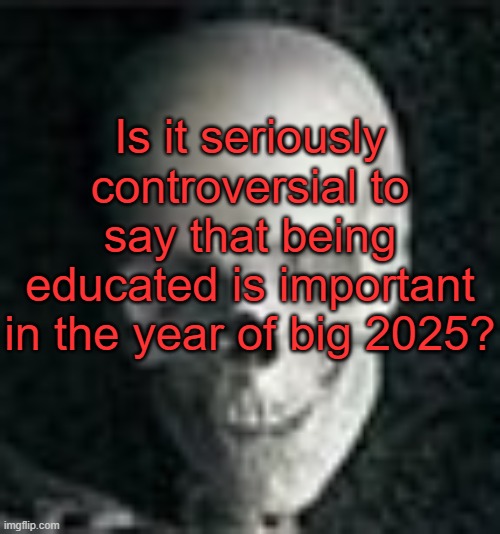 we cannot be deadass | Is it seriously controversial to say that being educated is important in the year of big 2025? | image tagged in skull | made w/ Imgflip meme maker
