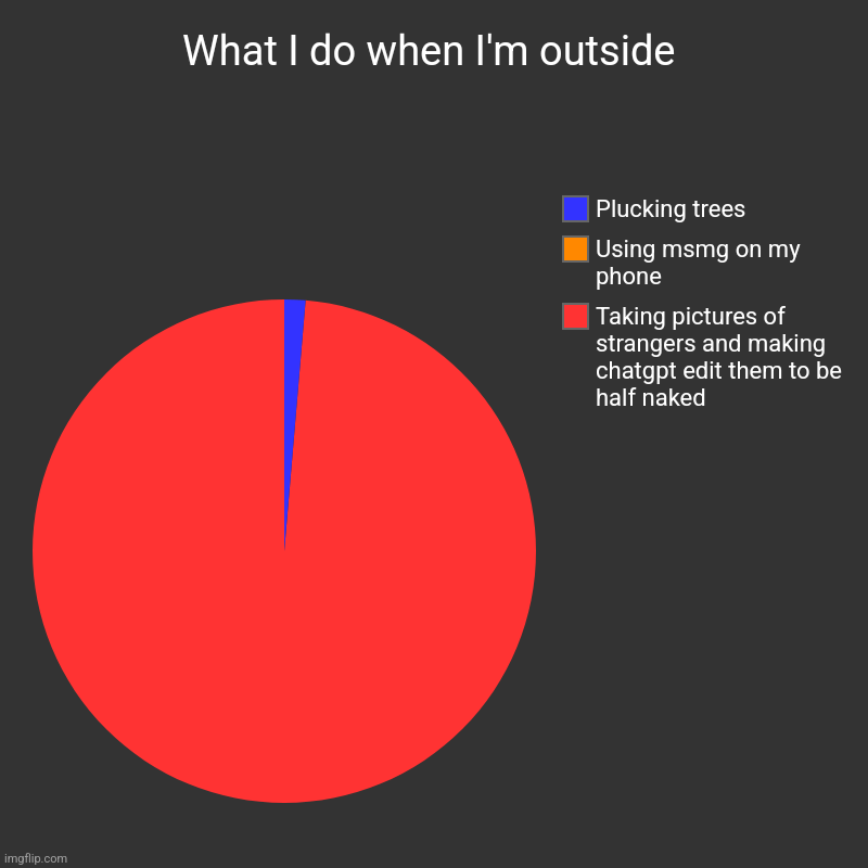 What I do when I'm outside | Taking pictures of strangers and making chatgpt edit them to be half naked, Using msmg on my phone, Plucking tr | image tagged in charts,pie charts | made w/ Imgflip chart maker
