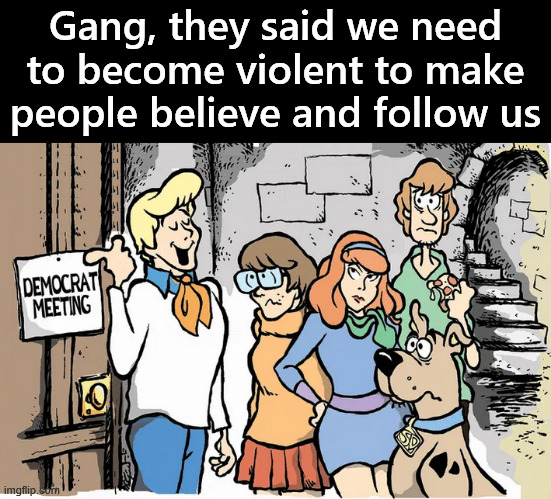 Violence does not sway normal peoples opinions only violent leftists. | Gang, they said we need to become violent to make people believe and follow us | image tagged in politics,violence,scooby doo | made w/ Imgflip meme maker