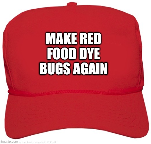 You will eat the bugs, and you will be happy. | MAKE RED FOOD DYE BUGS AGAIN | image tagged in blank red maga hat | made w/ Imgflip meme maker