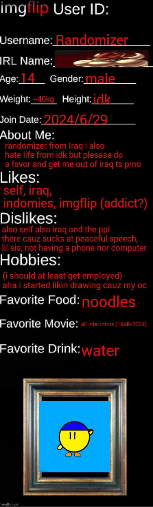 imgflip ID Card | Randomizer; 14; male; ~40kg; idk; 2024/6/29; randomizer from Iraq i also hate life from idk but plesase do a favor and get me out of iraq ts pmo; self, iraq, indomies, imgflip (addict?); also self also iraq and the ppl there cauz sucks at peaceful speech, lil sis, not having a phone nor computer; (i should at least get employed) aha i started likin drawing cauz my oc; noodles; all intel intros (19idk-2024); water | image tagged in imgflip id card | made w/ Imgflip meme maker