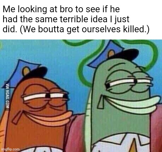 >:) | Me looking at bro to see if he had the same terrible idea I just did. (We boutta get ourselves killed.) | image tagged in friends caught eyes during class,me and bro,bad idea,funny | made w/ Imgflip meme maker