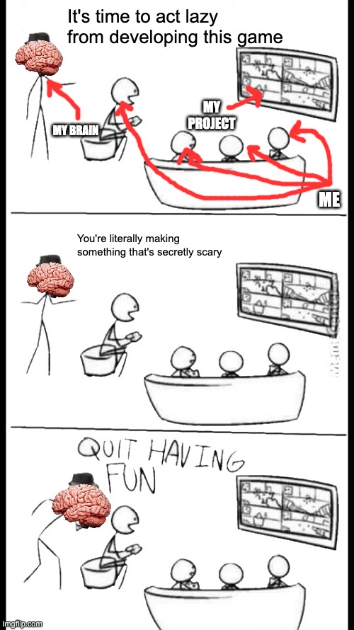 Quit Having Fun | It's time to act lazy from developing this game; MY PROJECT; MY BRAIN; ME; You're literally making something that's secretly scary | image tagged in quit having fun | made w/ Imgflip meme maker