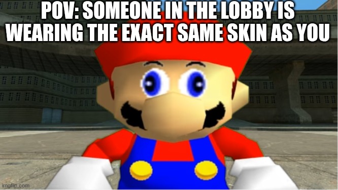 Please Help Me | POV: SOMEONE IN THE LOBBY IS WEARING THE EXACT SAME SKIN AS YOU | image tagged in smg4 mario derp reaction | made w/ Imgflip meme maker