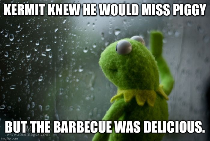 kermit window | KERMIT KNEW HE WOULD MISS PIGGY; BUT THE BARBECUE WAS DELICIOUS. | image tagged in kermit window | made w/ Imgflip meme maker