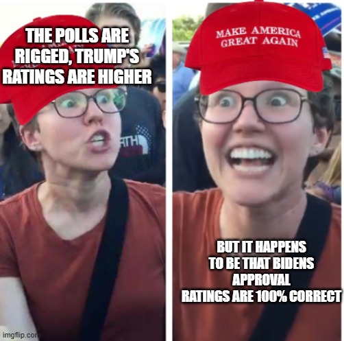 I made this template btw | THE POLLS ARE RIGGED, TRUMP'S RATINGS ARE HIGHER; BUT IT HAPPENS TO BE THAT BIDENS APPROVAL RATINGS ARE 100% CORRECT | image tagged in maga hypocrisy,pathetic don | made w/ Imgflip meme maker