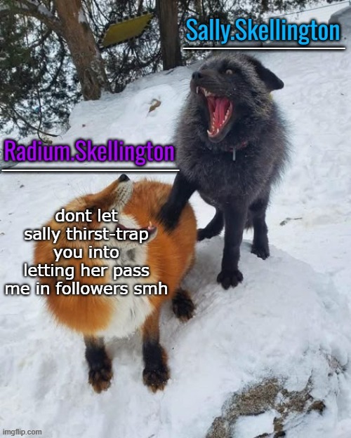 Radium and Sally temp | dont let sally thirst-trap you into letting her pass me in followers smh | image tagged in radium and sally temp | made w/ Imgflip meme maker