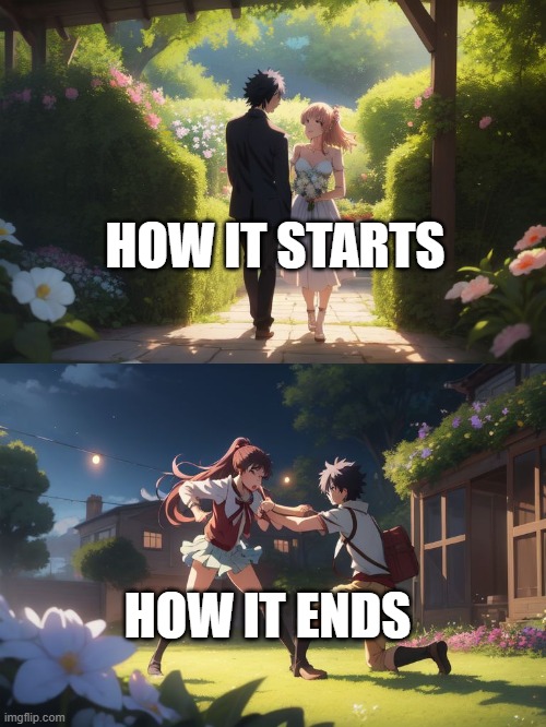 literally every ghetto love story | HOW IT STARTS; HOW IT ENDS | image tagged in anime | made w/ Imgflip meme maker