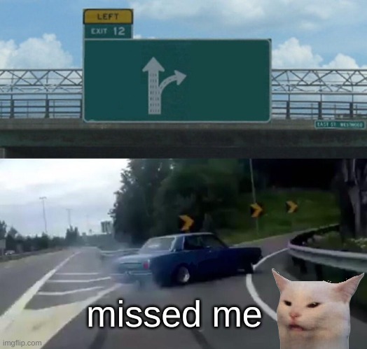 Missed me | missed me | image tagged in left exit 12 off ramp,smudge the cat,missed me,wrong neighboorhood cats,cats are awesome | made w/ Imgflip meme maker